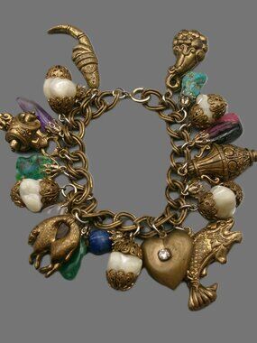 Vtg Mother of Pearl, Jade & Figural Charm Bracelet by HOB Co, Asian Motif